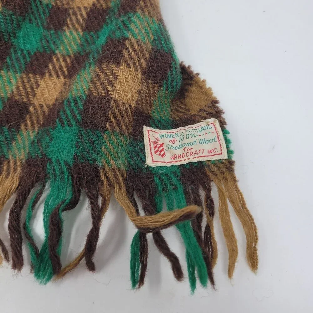 VINTAGE Scarf Shetland Wool Woven Scotland 54" X 10" Green Brown Tartan Fringe - Picture 2 of 5